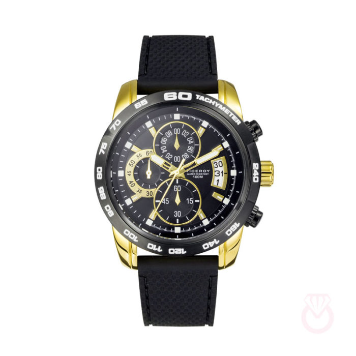 VICEROY Reloj de Hombre Viceroy Heat cronógrafo con la caja de acero con IP dorado, bisel y esfera en negro, calendario a las 3 con los índices en blanco y los contadores a las 6, 9 y 12, correa de silicona negra hombre dorado caucho 40421-29