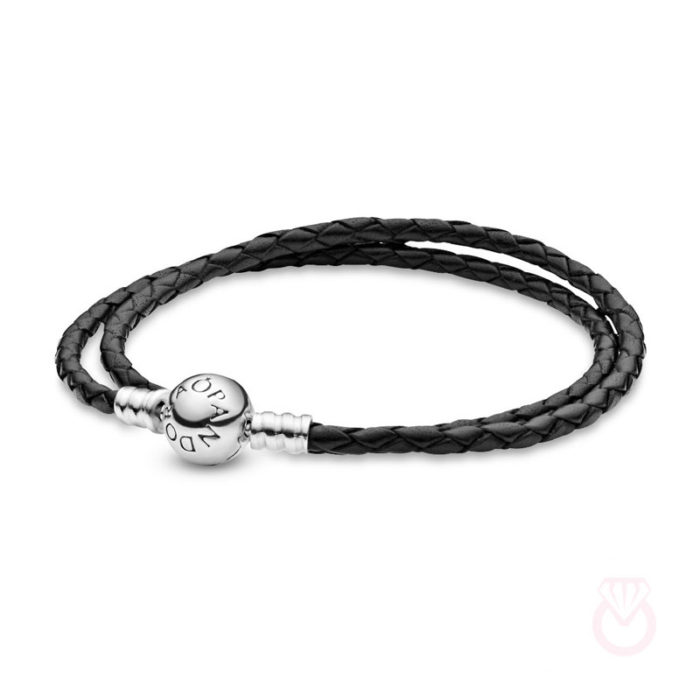 PANDORA Pulsera Moments en cuero trenzado doble negro para charms mujer negro piel 590745CBK