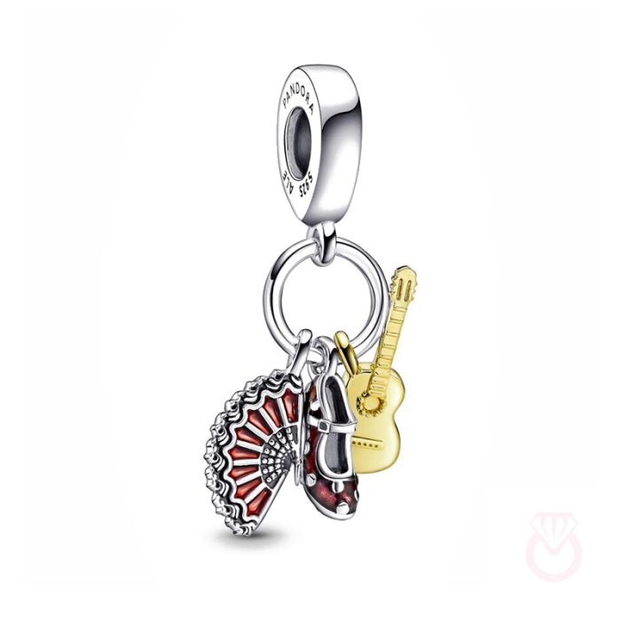 PANDORA Charm Colgante en plata de ley y oro de 14k Guitarra Española, Zapato Flamenco & Abanico