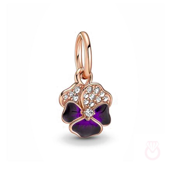 PANDORA Charm Colgante con un recubrimiento en oro rosa de 14k Flor Pensamiento Morado