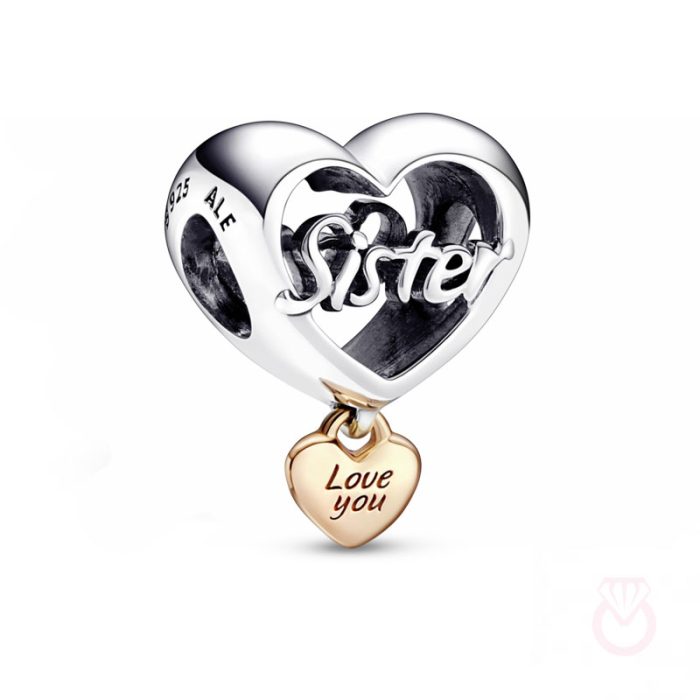 PANDORA Charm en plata de ley y con un reucbrimiento en oro rosa de 14k Corazón Te Quiero Hermana mujer rosa  782244C00