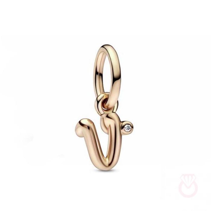 PANDORA Charm Colgante con un recubrimiento en oro rosa de 14k Alfabeto Letra Minúscula V​ mujer rosa  782480C01